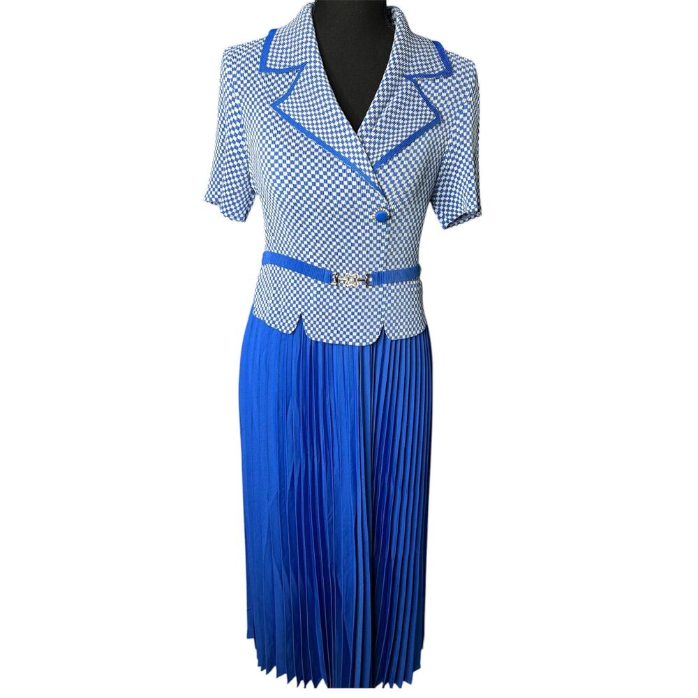 Carina Womens Blue Check Midi Dress Sz SM 1940s Old Hollywood Classic Chic Glam